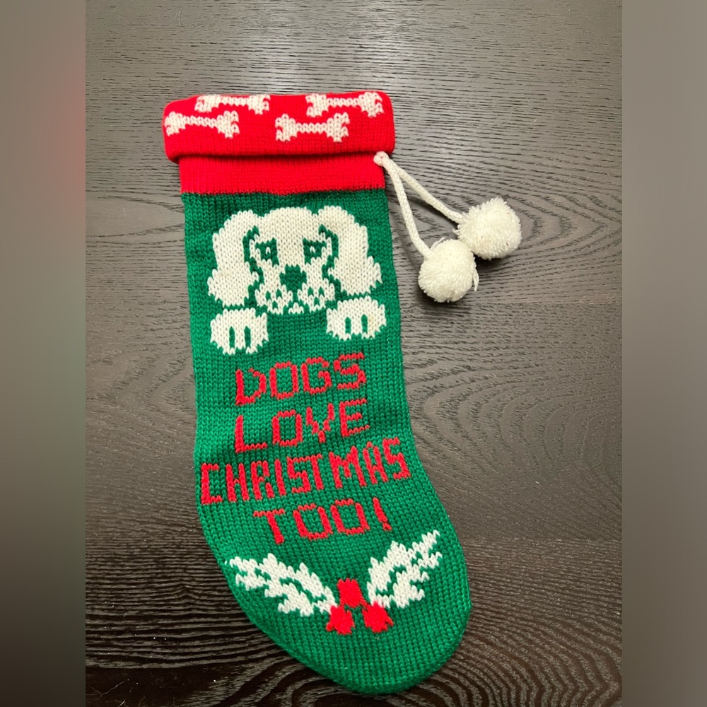 Vintage Dogs loves Christmas too hand knitted stocking 10”